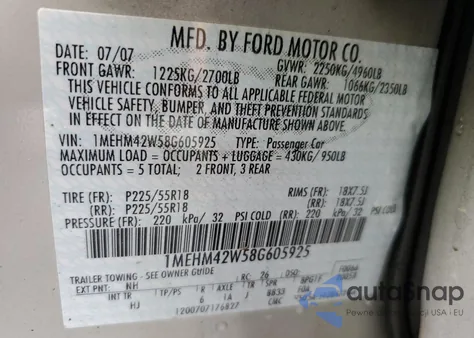 2008 Mercury Sable Premier from USA, damaged, VIN 1MEHM42W58G605925